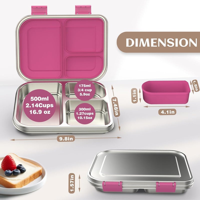 BABHAMNESS Stainless Steel Bento Box Kids, 3 Compartments Leak Proof Metal Bento Lunch Box, 304 Stainless Steel Bento Lunch Containers for School and Office,Dishwasher Safe, BPA-Free-Pink - Image 5